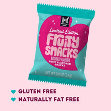 Fruit-flavored snack pouch, teal and pink limited edition with gluten-free and fat-free callouts