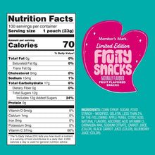 Nutrition facts panel for fruit-flavored snack pouches, calories and ingredients list