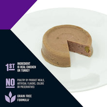Pate style dog food portion on white plate, light tan and brown halves