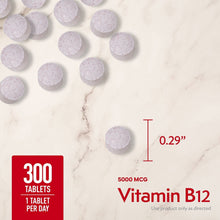 Vitamin B12 5000 mcg tablet count 300; shown with 0.29" size indicator