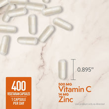 Vitamin C and Zinc capsules with size marker and 400 capsules per day graphic