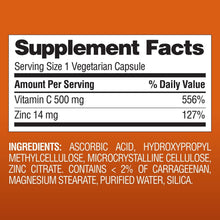 Supplement Facts label for Vitamin C 500 mg and Zinc 14 mg vegetarian capsule