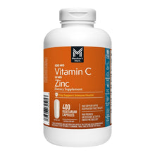 Vitamin C and Zinc dietary supplement bottle with 400 vegetarian capsules label