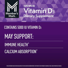 Vitamin D3 dietary supplement label with immune health and calcium absorption claims.