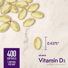 Yellow softgels with Vitamin D3 label and 0.4375" size marking.