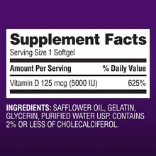 Supplement Facts panel for Vitamin D 125 mcg (5000 IU) with serving size 1 softgel.