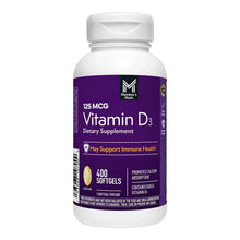 Vitamin D3 softgel bottle, 125 mcg, purple label, white cap, 400 softgels.