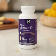Vitamin D3 softgel bottle with purple label and a single yellow softgel nearby.