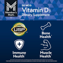 Vitamin D3 dietary supplement with USP verified and Bone, Immune, Muscle Health icons