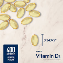 Vitamin D3 softgels with size mark, 50 mcg