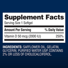 Supplement Facts panel for Member's Mark Vitamin D3 50 mcg, 1 softgel serving