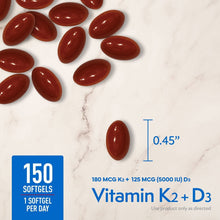 Vitamin K2 + D3 softgels, red oval capsules with 0.45 in size mark and 150 count