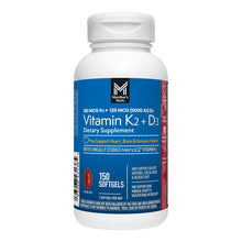 Vitamin K2 + D3 softgel bottle, white bottle with blue label and 150 softgels