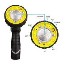 Handheld watering nozzle with faceplate showing multiple spray patterns