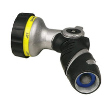Stainless and black watering nozzle with yellow ring and blue mesh spray tip