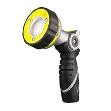 Black and yellow watering nozzle with round shower head and trigger grip