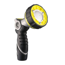 Black and yellow handheld watering nozzle with exposed round spray face