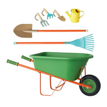 Green wheelbarrow and orange-handled garden tools with blue rake and yellow watering can