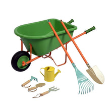 Green plastic wheelbarrow playset with orange frame, tools, and yellow watering can