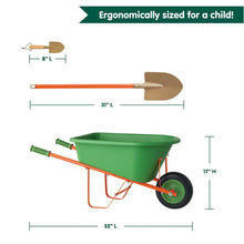 Green wheelbarrow playset with orange handles and displayed size proportions
