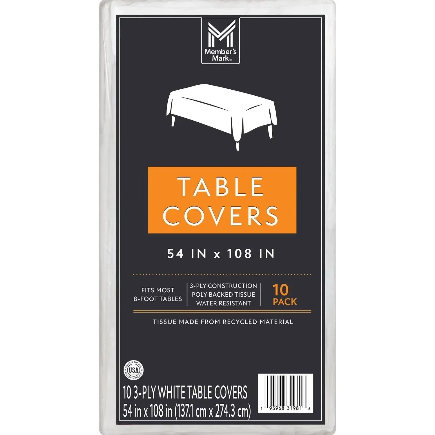 Member's Mark White 3-Ply Tissue Tablecovers, 54" x 108", 10 pk.