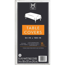 3-ply white tissue table covers, 54 x 108 in, 10-pack package