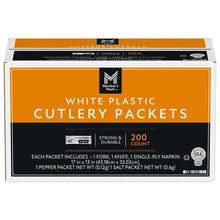 White plastic cutlery packets box, 200 count: fork, knife, napkin