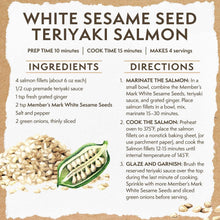 Recipe card titled "White Sesame Seed Teriyaki Salmon" with ingredients and directions