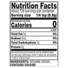 Nutrition Facts panel for sesame seed container: 0 calories, sesame seeds ingredients