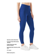 Women’s blue high-rise active leggings, full-length front view with seam paneling