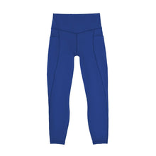 Blue high-rise active leggings, back view, full length with supportive waistband
