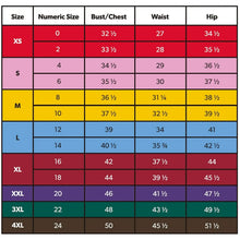 Women’s pajama set size chart with numeric bust and waist measurements