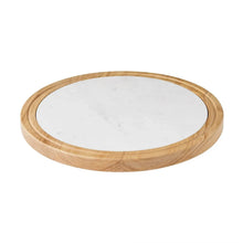 Wood-and-marble lazy susan with round marble top and honey wood base, isolated