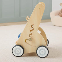 Wooden activity walker with tall curved frame and circular rolling wheels