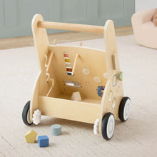 Wooden push walker with open tray underside and rolling wheels