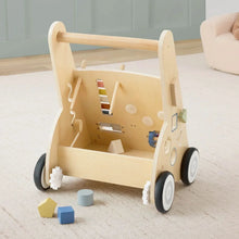 Wooden activity walker open base with side compartments and wheels; no front panel