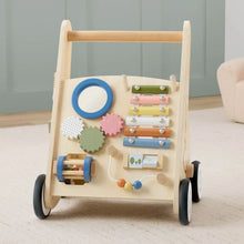 Wooden activity walker with large blue ring and xylophone bars