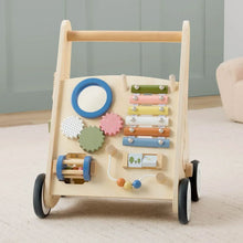 Wooden activity walker front panel showing bead track, gears, and colorful toy bars