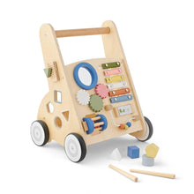 Wooden activity walker with multi-toy activity panel and rolling wheels