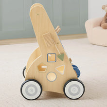 Wooden activity walker rear view with cutout panels and circular wheels