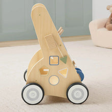Wooden activity walker back view with molded maze shapes and 4 wheels