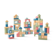Wooden building blocks set with colorful blocks, arches, and lettered cube pieces