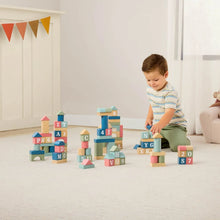 Wooden alphabet building blocks with colorful cube and arch pieces, letter and number tiles