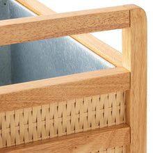 Woven basket drink cooler detail with wooden corner posts and braided lattice side panel