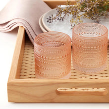 Rectangular wooden tray with woven insert and rounded cutout handle