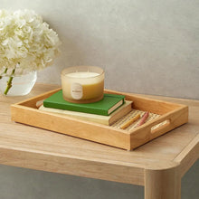 Rectangular wooden serving tray with woven insert and side handle