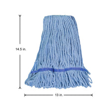 Blue blended mop head with textured yarn and purple trim, laid flat with size markers.