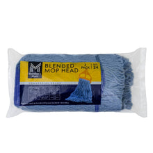 Blue blended mop head, purple trim, 2-pack in clear wrap with label on top.