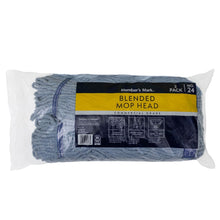 Blue blended mop head 2-pack in clear wrap with label, purple trim visible along edge.
