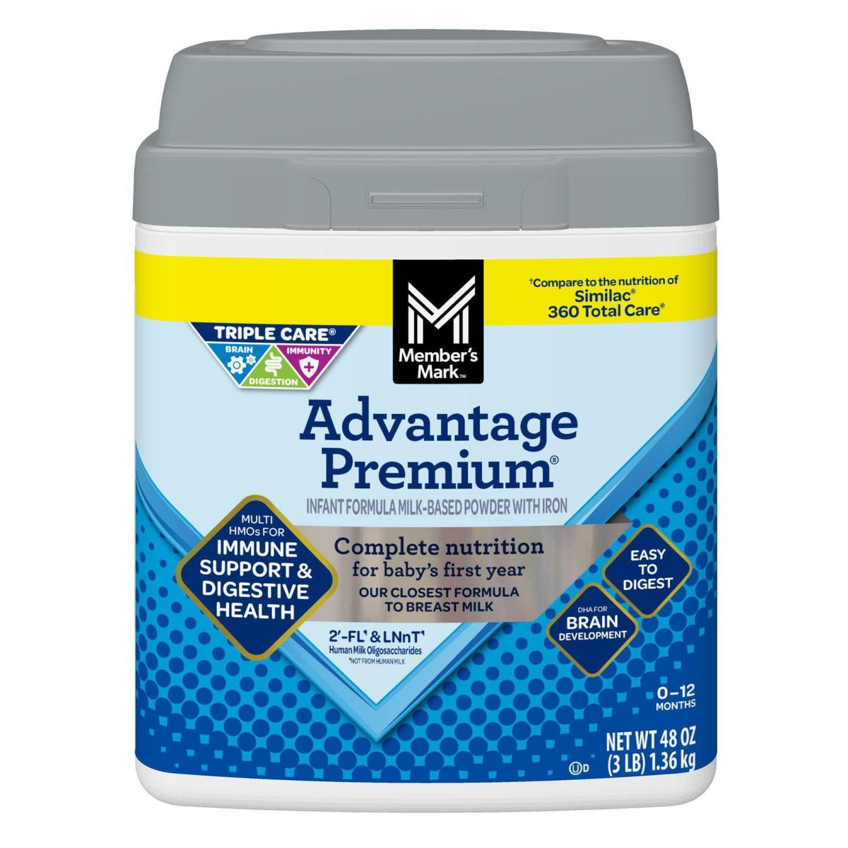 Infant formula canister, Advantage Premium 48 oz, gray lid